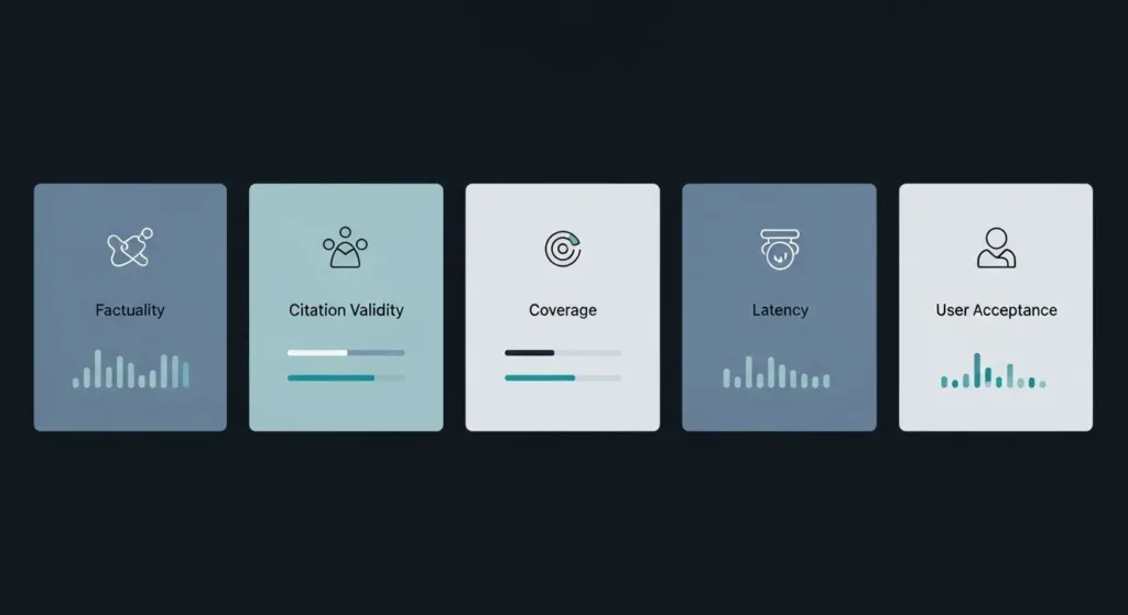 “Abstract KPI dashboard for evaluating RAG performance across accuracy and trust metrics.”