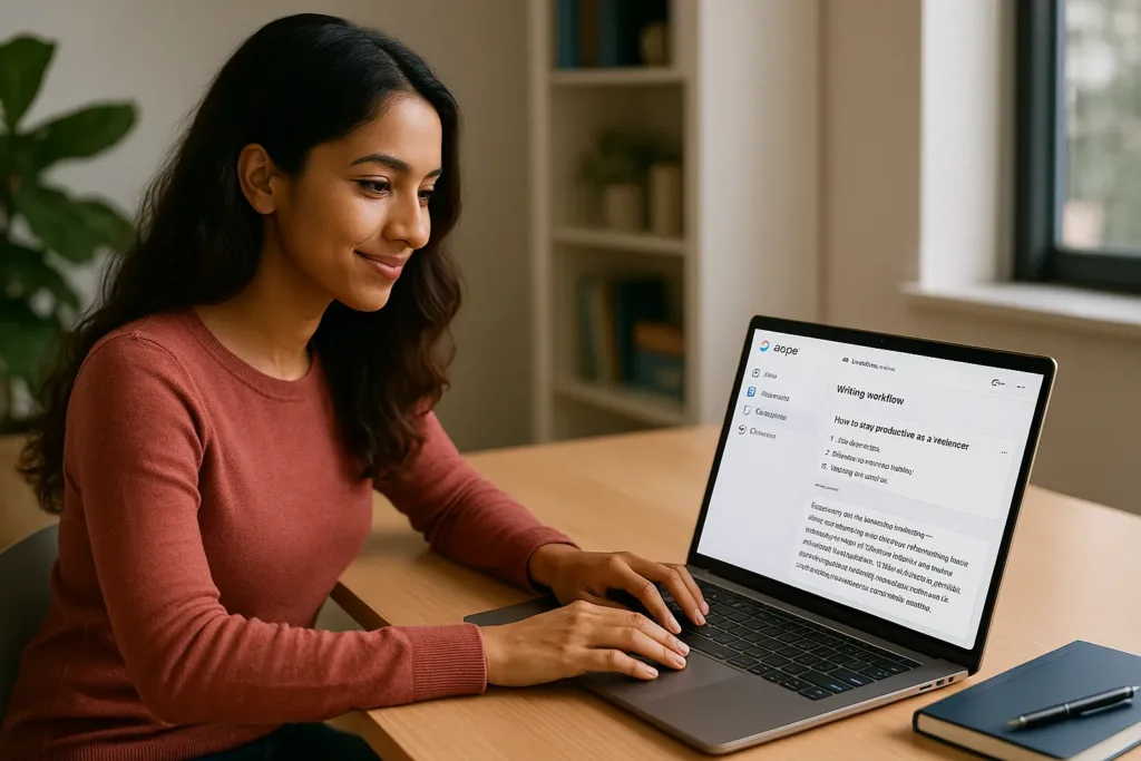 Jasper AI review real user story – freelancer using AI tool on laptop
