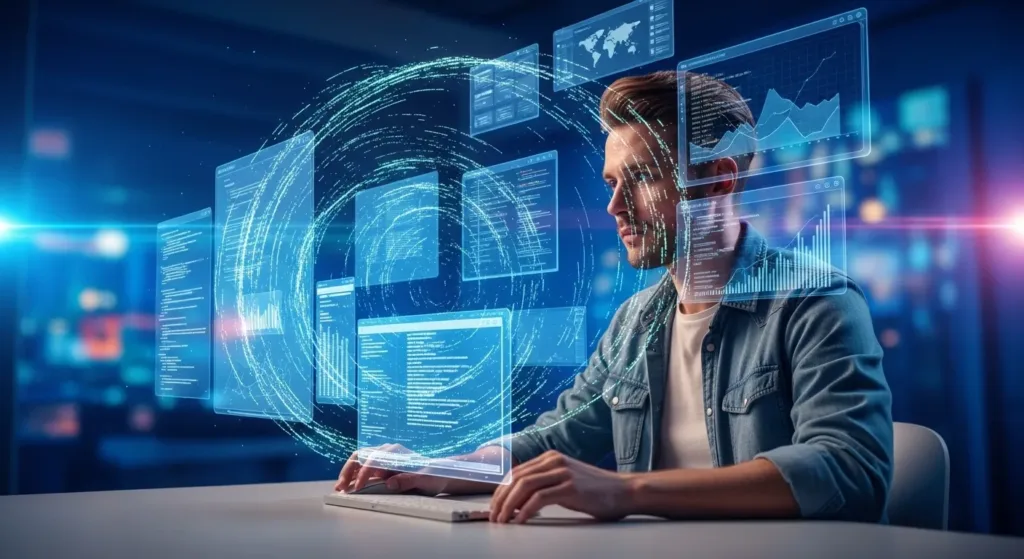 Futuristic American programmer collaborating with an AI assistant in a holographic workspace, representing the rise of vibe coding in 2025.