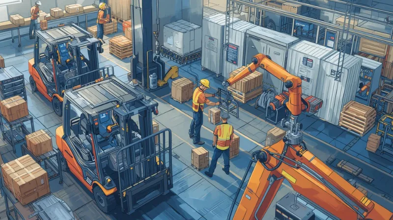 Manual labor tasks supported by AI-driven machines in an industrial U.S. job site.