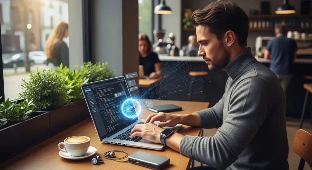 Developer using natural language to generate code through an AI interface, symbolizing intuitive and conversational programming.