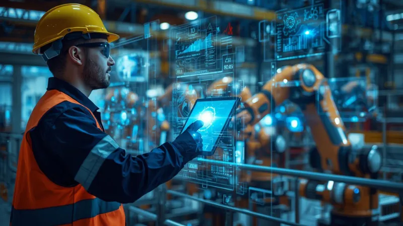Skilled technician managing AI-powered systems in a blue-collar factory setting.