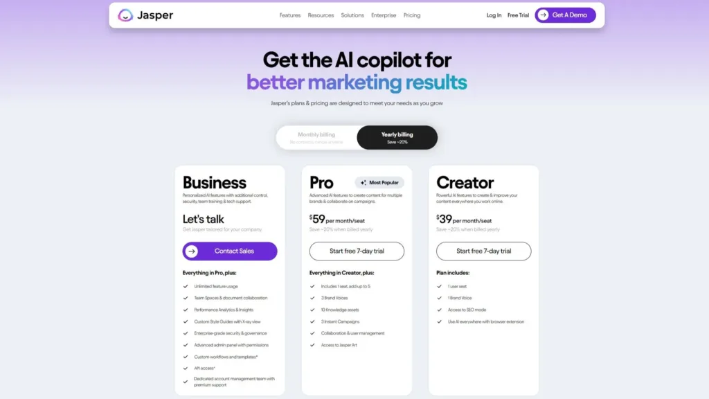 alt="Jasper AI review 2025 pricing plans comparison – Creator, Pro, Business tiers"

