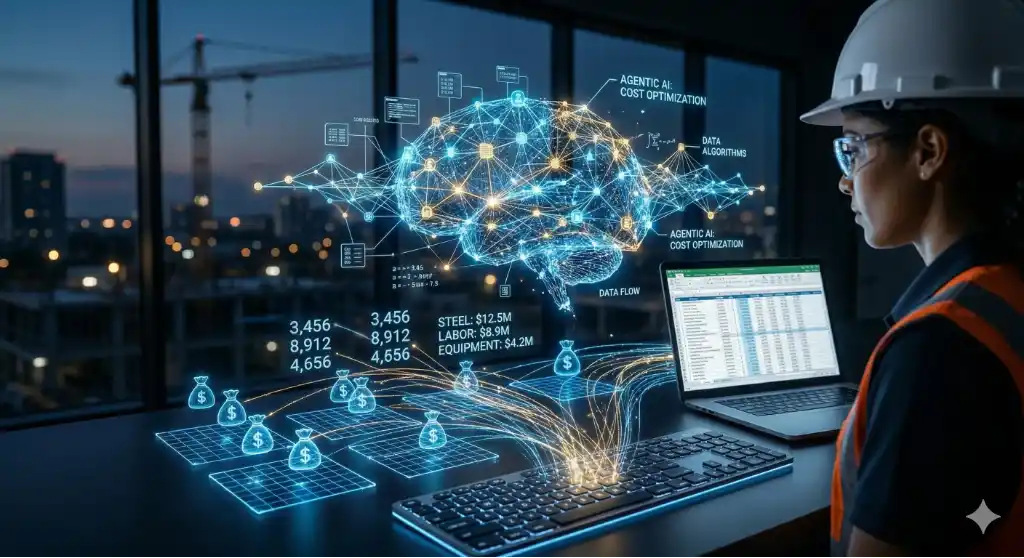 An abstract digital neural network with glowing algorithms automatically organizing cost data as part of automating construction cost estimation.
