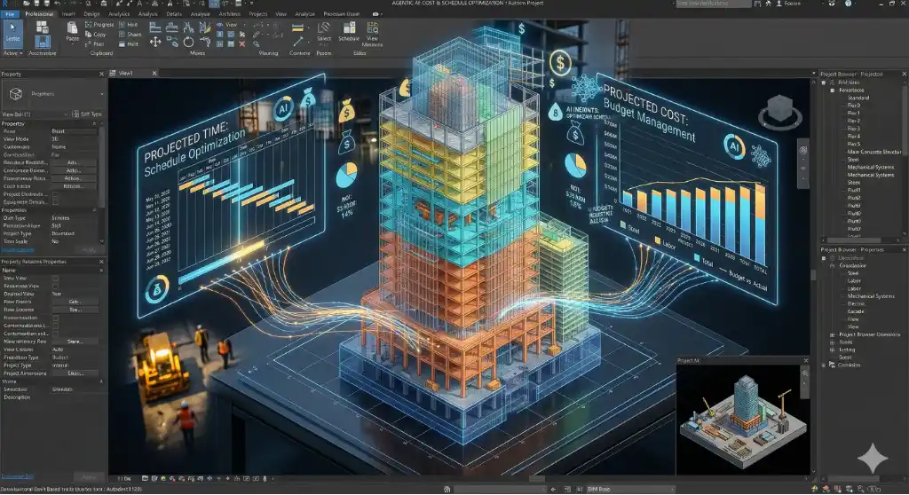 A translucent 3D BIM model of a skyscraper showing real-time cost and time data connected to it for automating construction cost estimation.