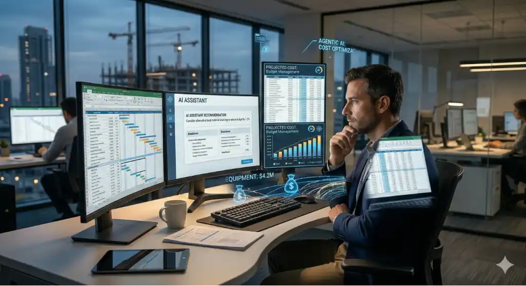 A professional cost estimator using a Agentic AImulti-monitor AI interface to oversee the process of automating construction cost estimation Agentic AI.